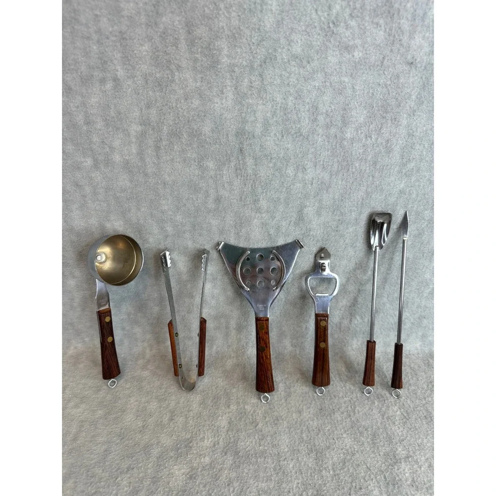 Vintage 6pc Bar Tool Set Stainless Steel Rosewood‎ Handles Japan MCM Bartender